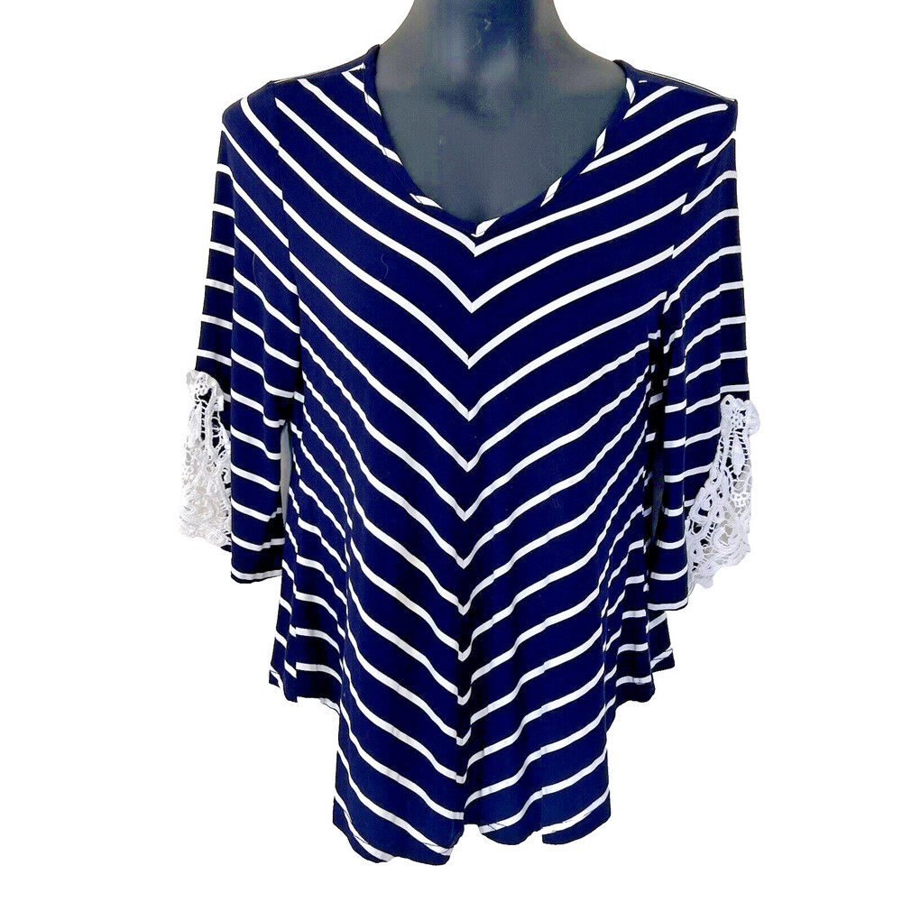 Stem & Vine - Navy, White V Striped 3/4 Sleeve Crochet Lace Accent Sleeve Top PM